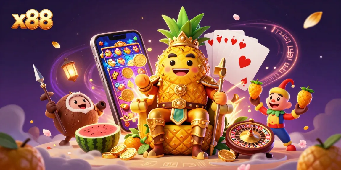 X88 delivers thrilling slots action with a 3D cartoon pineapple king in a vibrant casino scene.