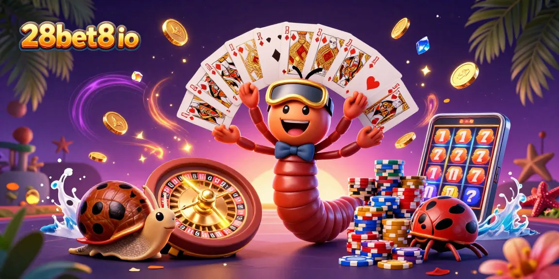 Experience the thrill of 28bet8 io with a dynamic 3D casino scene featuring a fun millipede dealer.