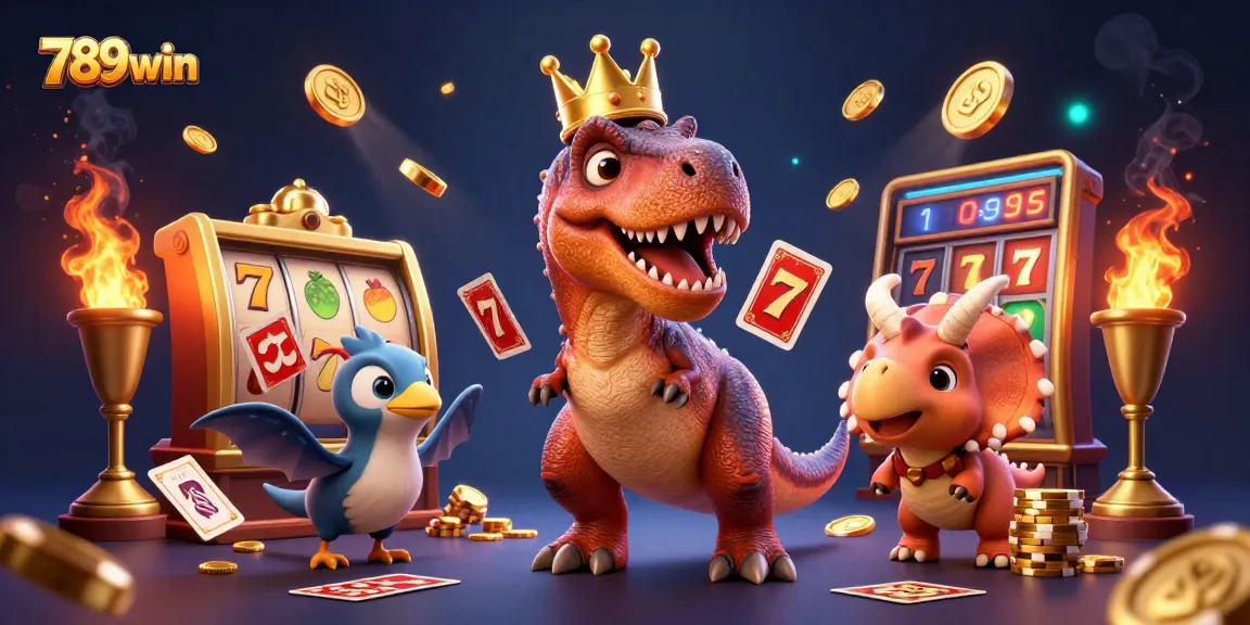 Engage in thrilling gameplay with 789win as a T-Rex shuffles cards while a triceratops stacks golden chips in a vibrant casino.