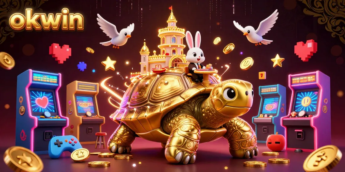 Engage in exciting games at okwin's vibrant casino scene featuring a golden tortoise, rabbit dealer, and flying coins.