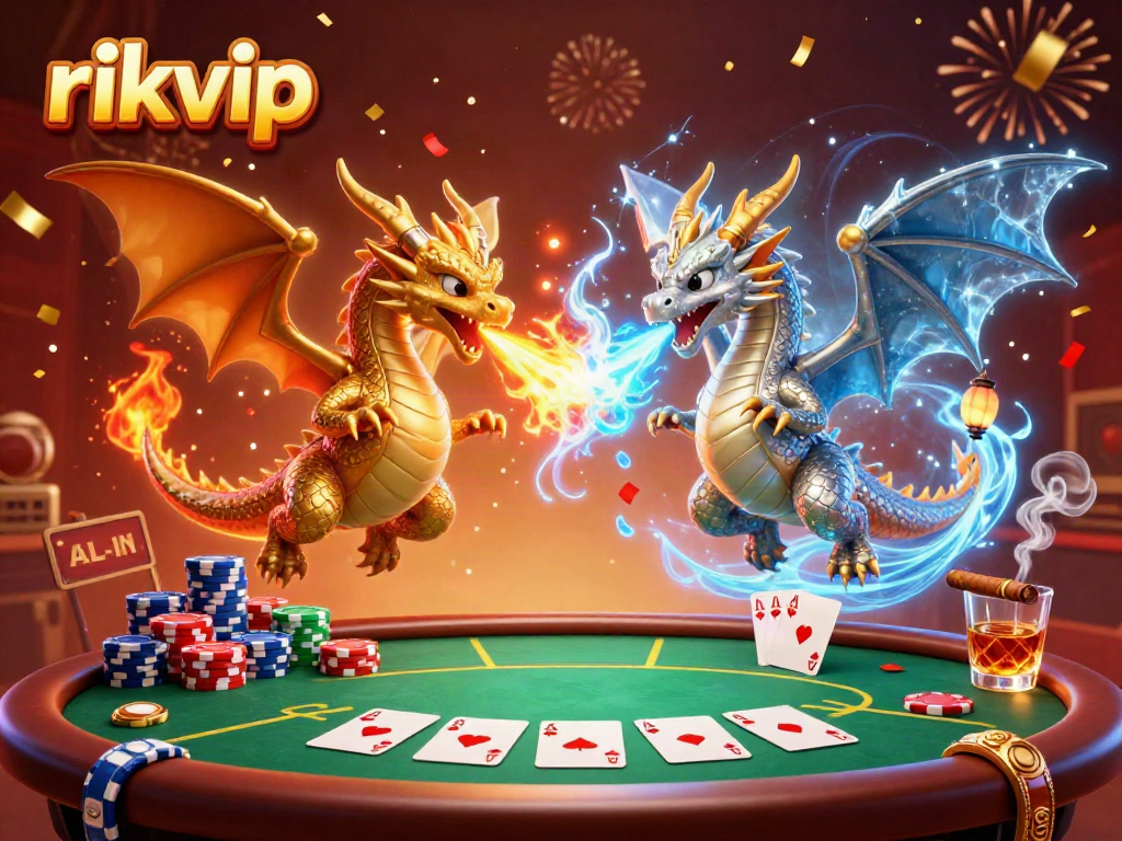 Experience thrilling gameplay at rikvip with dynamic fire and ice-breathing dragons in a vibrant casino scene.