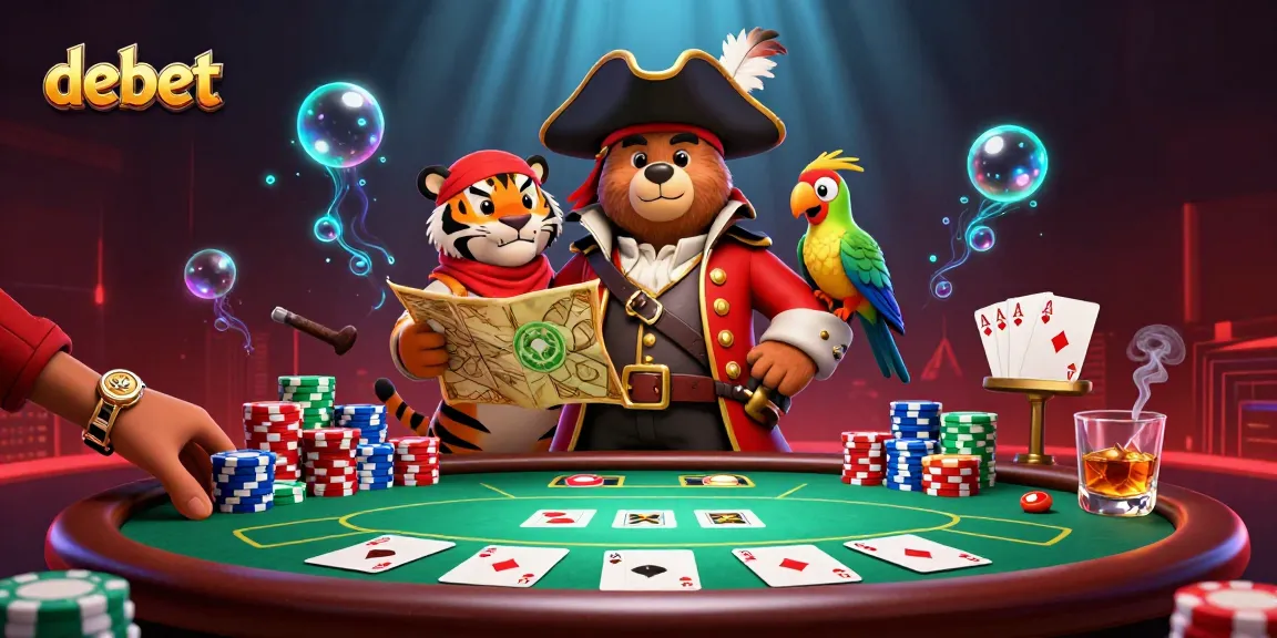 Engage in thrilling poker games at debet with a vibrant pirate-themed illustration.