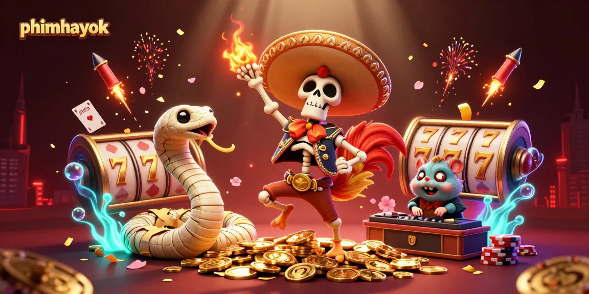 Phimhayok showcases a lively casino scene with a cartoon skeleton mariachi rooster celebrating on golden coins.