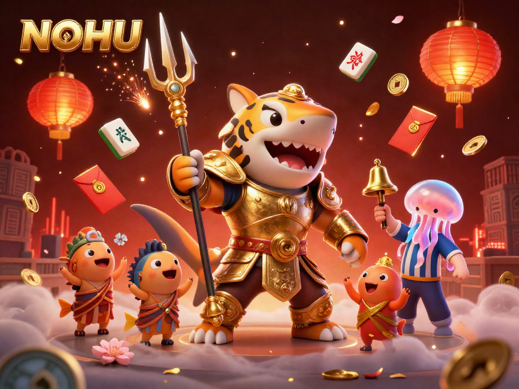 Engage with exciting gameplay at NOHU, featuring a golden shark warrior in a vibrant underwater scene.