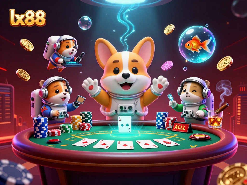 Experience the exciting adventure of lx88 with a floating corgi astronaut in a vibrant casino scene.