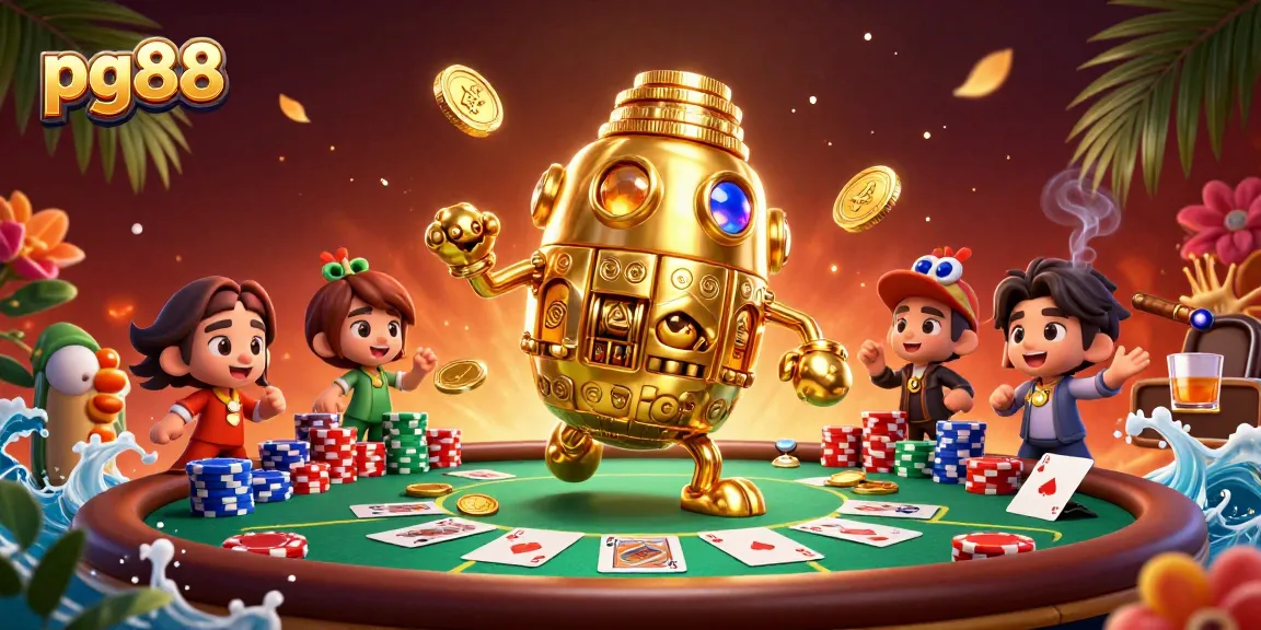 Engage with pg88's vibrant poker action featuring a golden coin golem and dynamic gameplay elements.