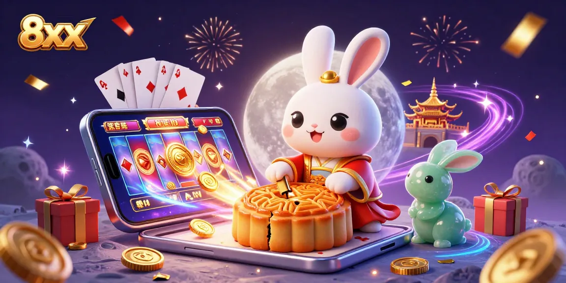 Spin lucrative slot games with the 8xx moon rabbit and bonuses in a vibrant casino scene.