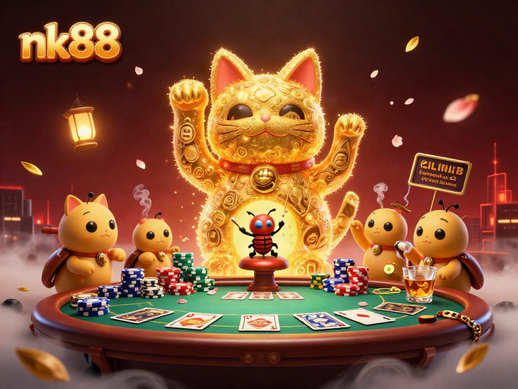 Experience nk88's vibrant casino action with a dynamic illustration of a lucky cat and poker elements.