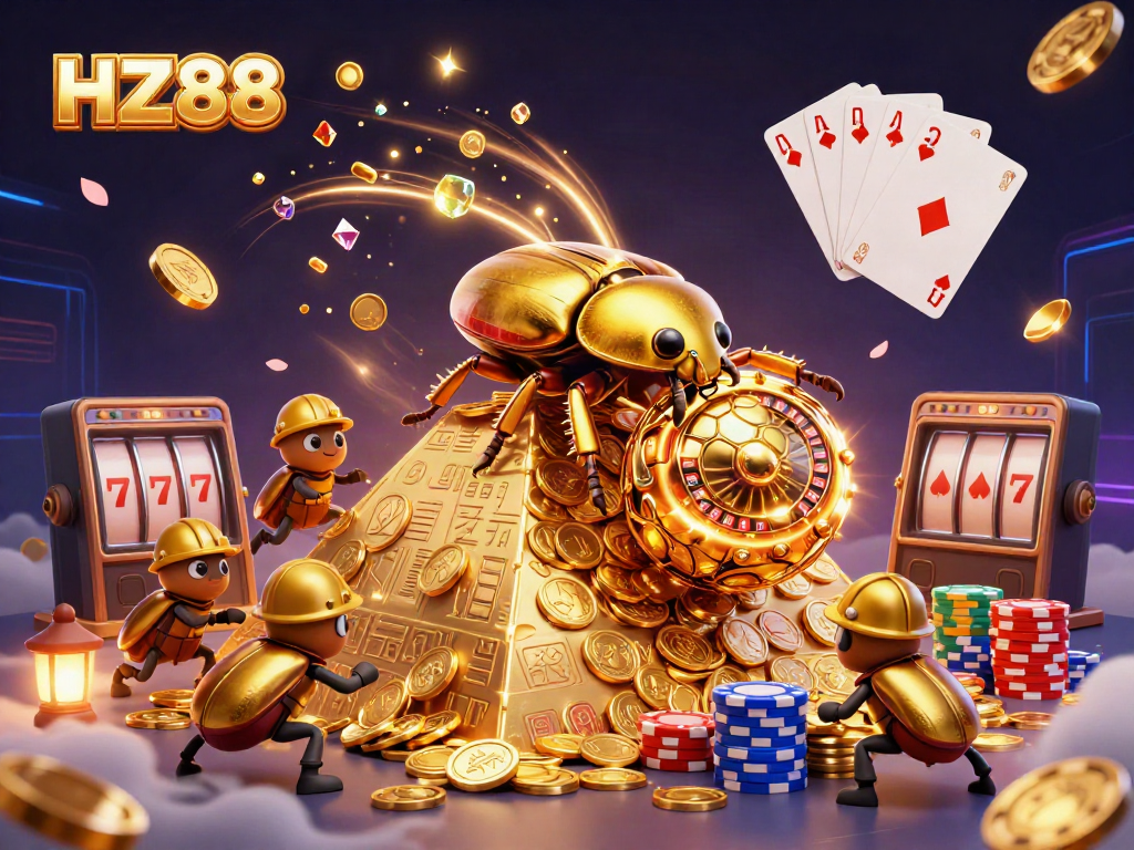 Engage with HZ88's casino excitement featuring golden beetles and dynamic gaming elements.