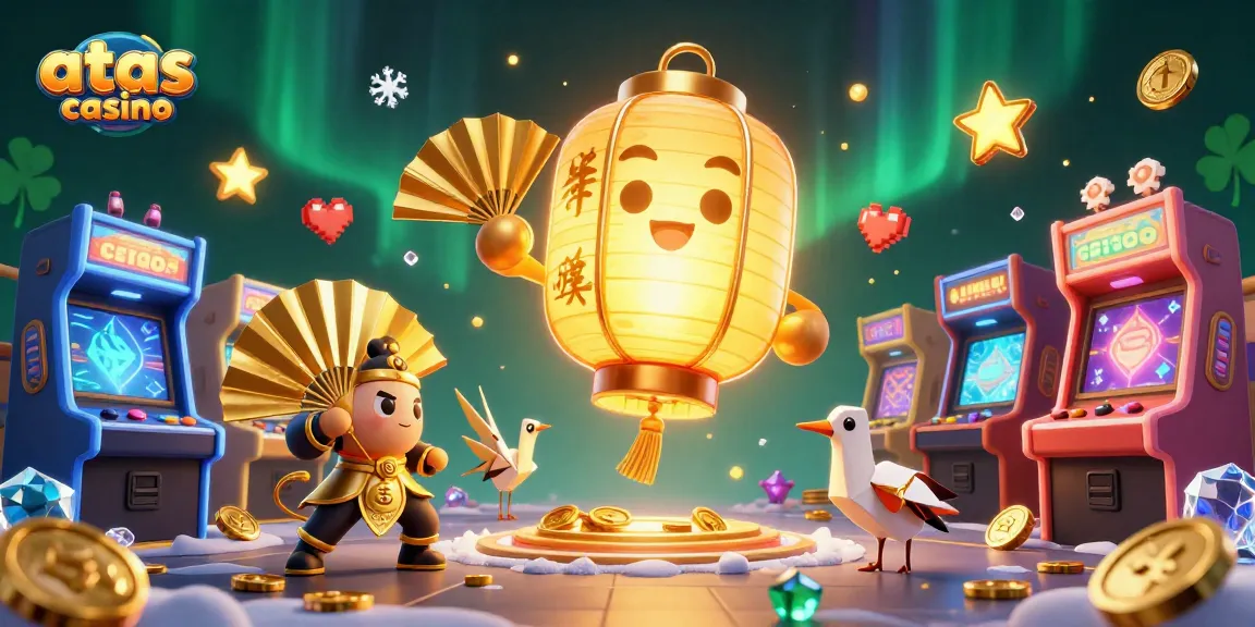 Experience the vibrant gaming scene at atas casino with a 3D illustration of golden lanterns and arcade games.
