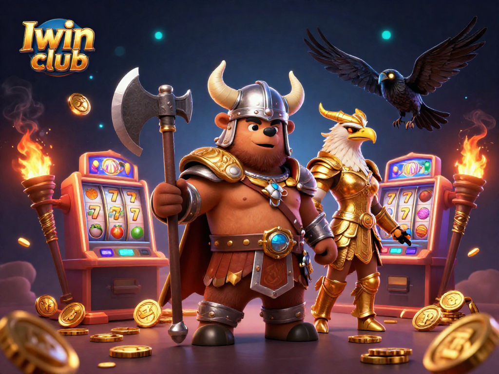 Iwin club brings vibrant slot gaming alive with Viking and Valkyrie characters amidst an enchanting casino scene.