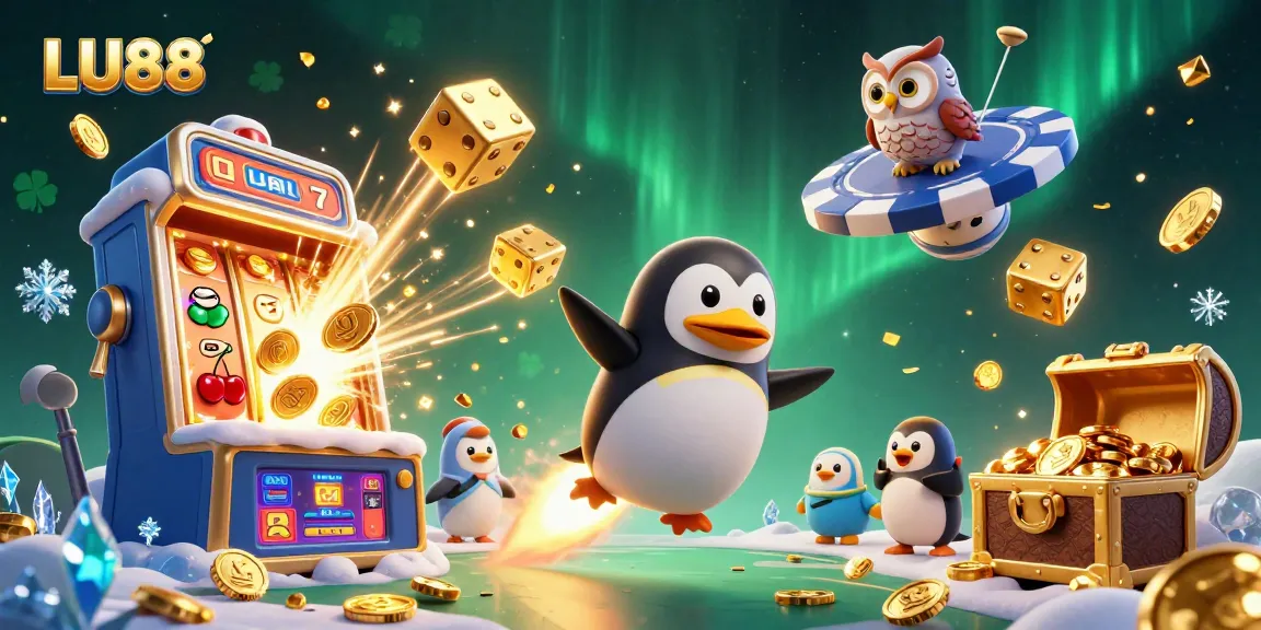 LU88 features a golden penguin and casino space station in dynamic gambling illustration.