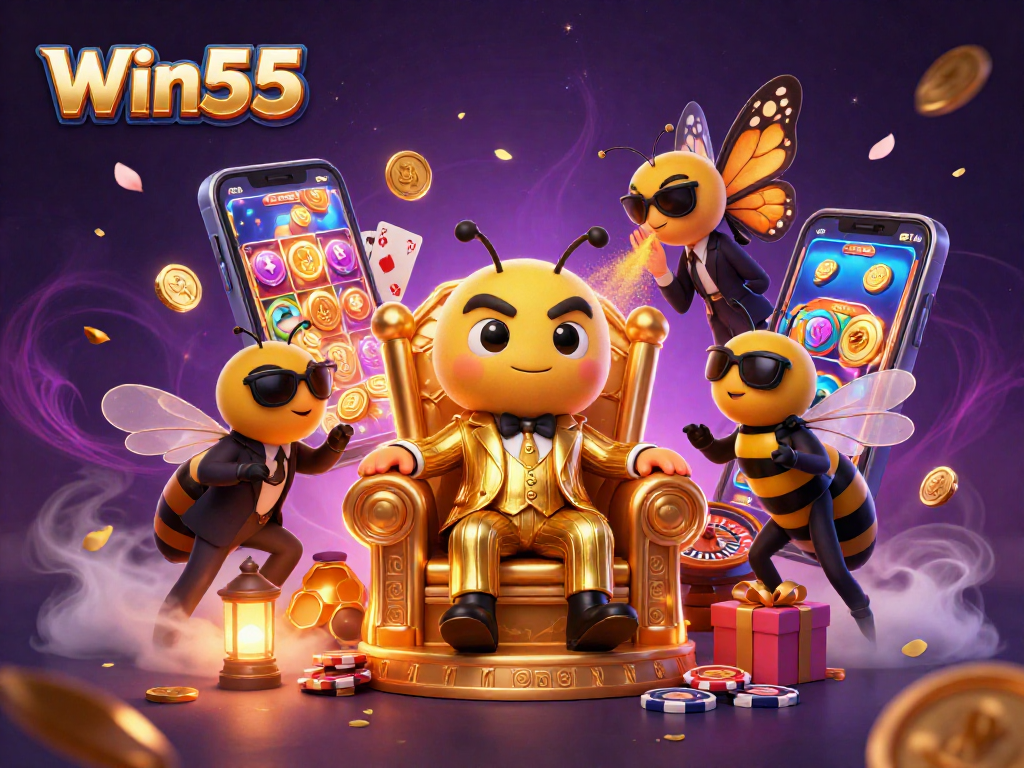Win55 players enjoy exciting slots with vibrant characters and dazzling effects in this immersive scene.