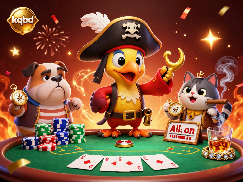 Bet on kqbd’s poker table with a pirate captain, bulldog, and cat in a colorful casino scene.
