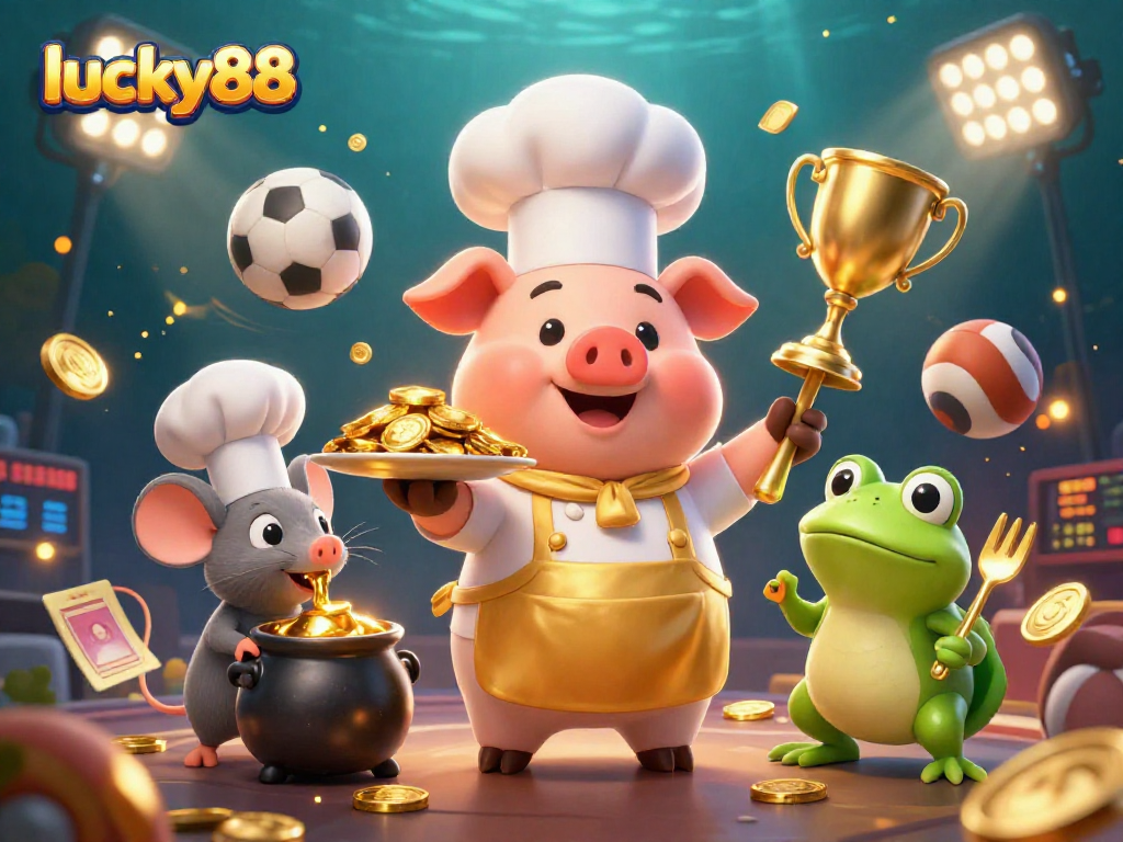 Experience the thrilling games at lucky88 with animated characters serving gold coins and vibrant sports elements.