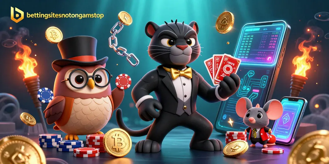 Engage with bettingsitesnotongamstop through a vibrant scene of a black panther dealing cards with crypto elements.