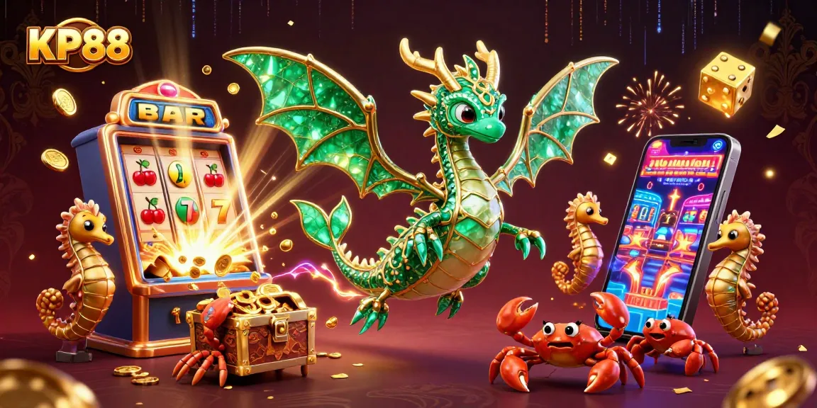 Experience KP88 with a vibrant 3D underwater casino scene showcasing a sea dragon and slot machine excitement.