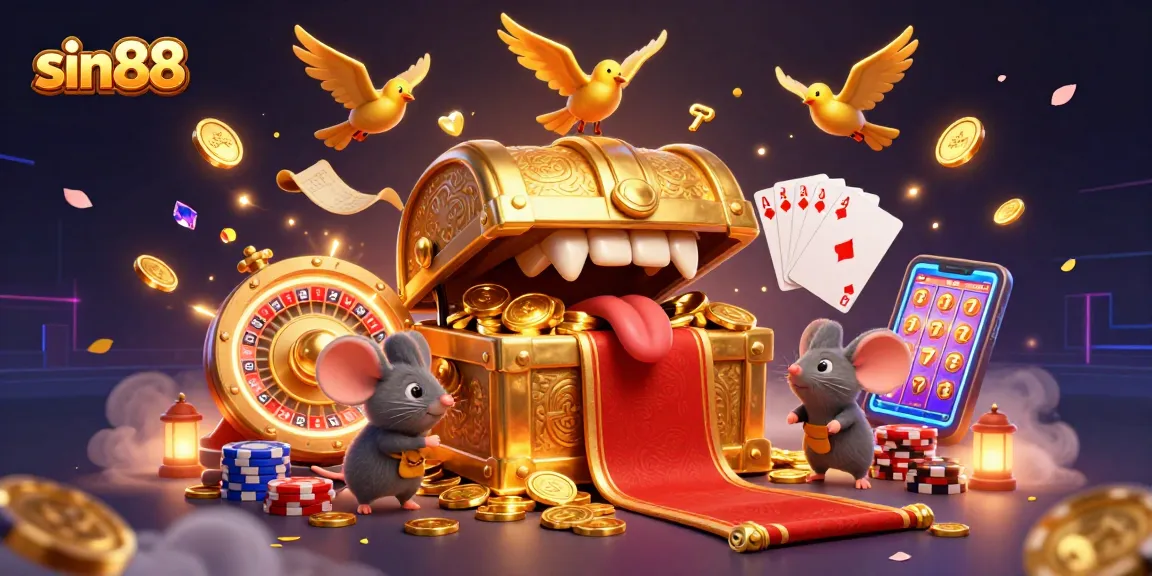 Experience sin88 adventure with treasure-filled mice and dazzling casino elements in this vibrant illustration.