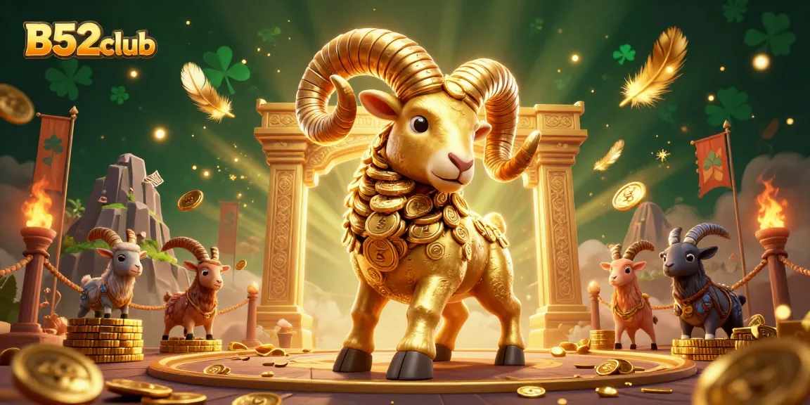 B52club showcases a golden ram charging at a vibrant casino scene with dynamic game elements.