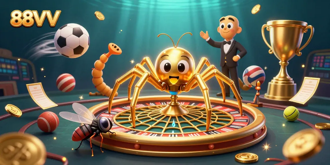 88VV players engaging with a golden roulette wheel while a spider spins, exuding excitement and action.