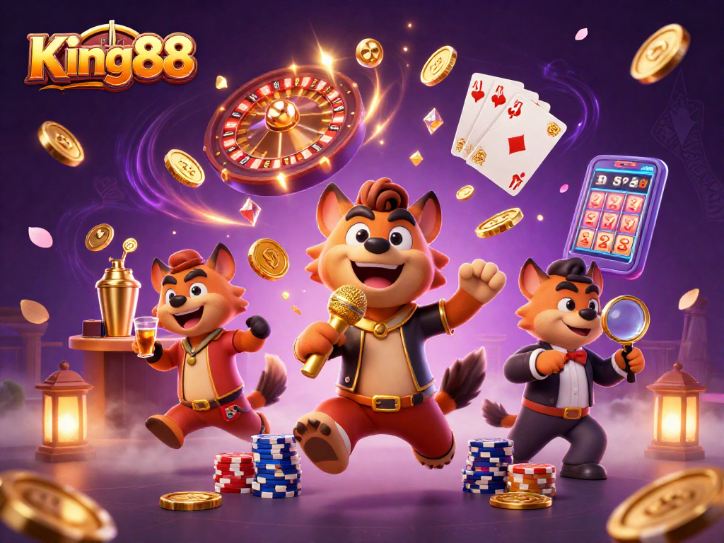Experience dynamic fun at King88's casino with hyenas, shimmering coins, and vibrant games.