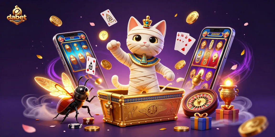 Spin the reels with dabet's lively Egyptian mummy cat in a vibrant casino scene full of action.