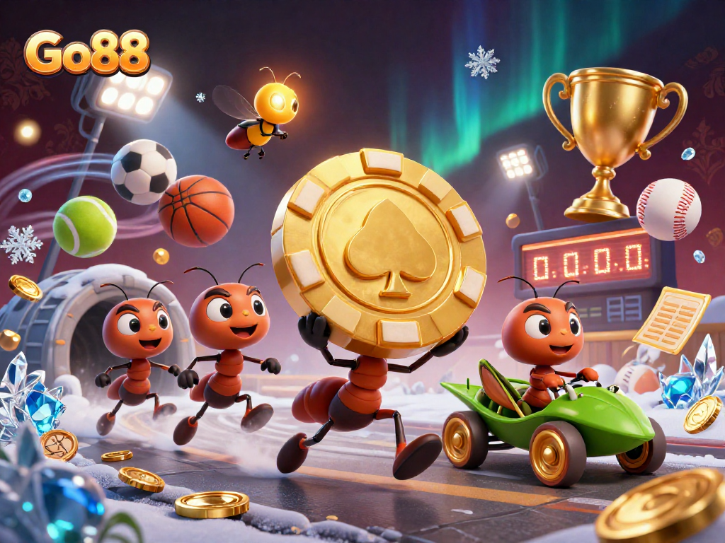 Go88 showcases a heist scene with ants stealing a giant poker chip, highlighting casino adventures.