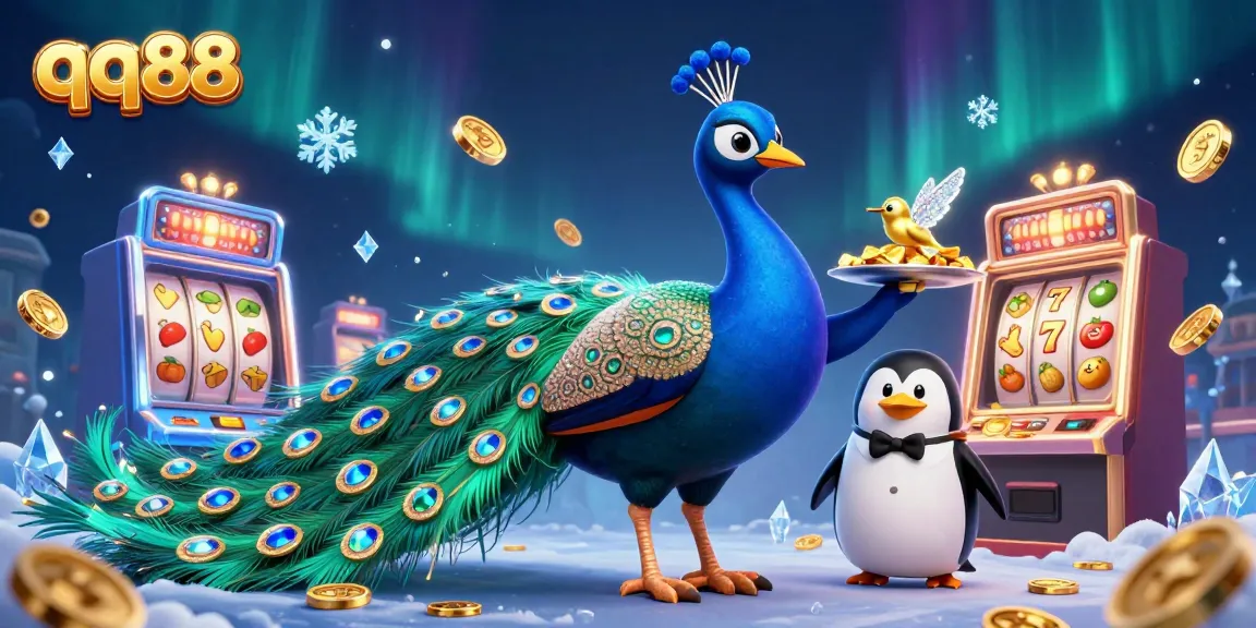 Experience thrilling slot adventures with QQ88's dazzling 3D illustration featuring a peacock, penguin, and breathtaking gems.