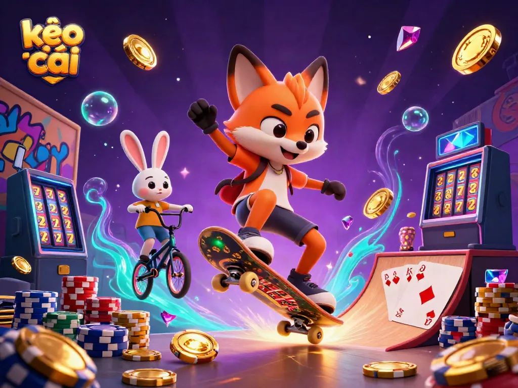 Engage in sports betting with kèo nhà cái, featuring fun cartoon characters and casino elements.