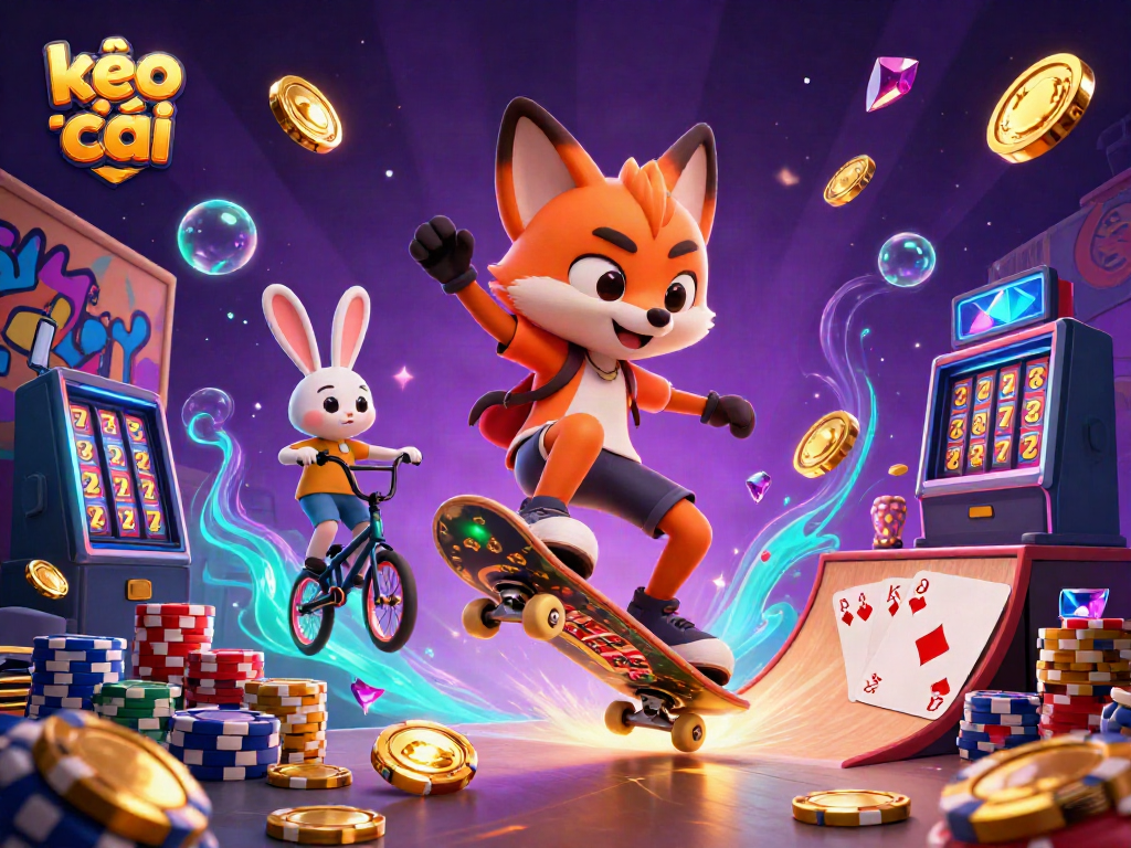 Engage in sports betting with kèo nhà cái, featuring fun cartoon characters and casino elements.