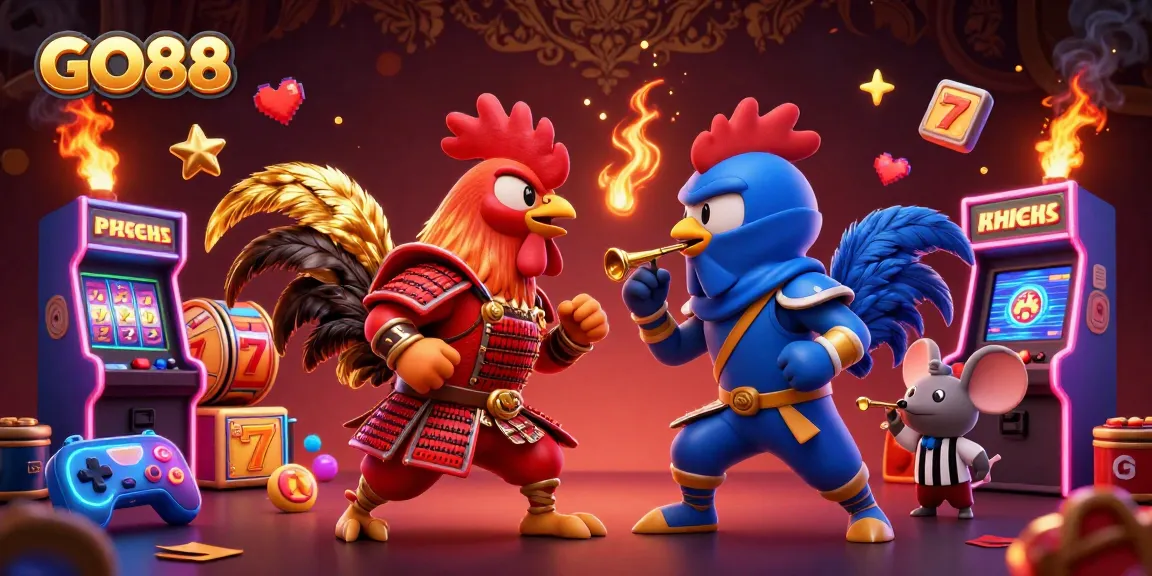 Engage with GO88's thrilling experience featuring cartoon roosters in an intense standoff surrounded by gaming elements.