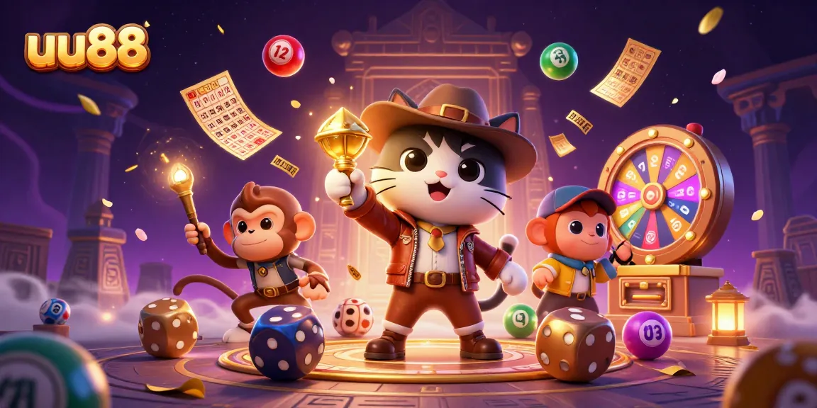 uu88 cat exploration of casino treasures in a vibrant dynamic 3D scene filled with lottery elements