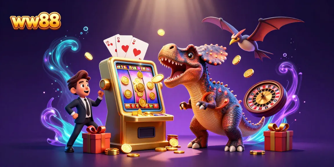 ww88 showcases a pachycephalosaurus winning coins from a golden slot machine in a vibrant casino scene