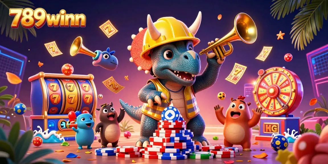 Engage with 789winn's vibrant casino scene featuring animated characters celebrating jackpots and spinning reels.