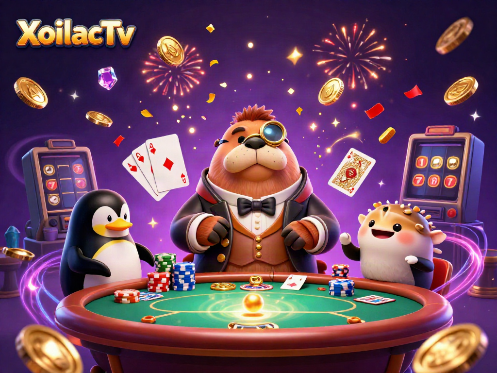 XoilacTv presents an underwater poker scene with a walrus and vibrant gambling elements in 3D art.