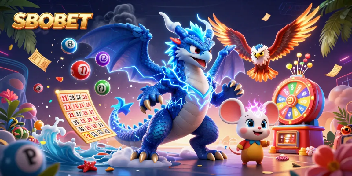 SBOBET delivers thrilling lottery excitement with vivid characters and dynamic game elements in a colorful 3D illustration.