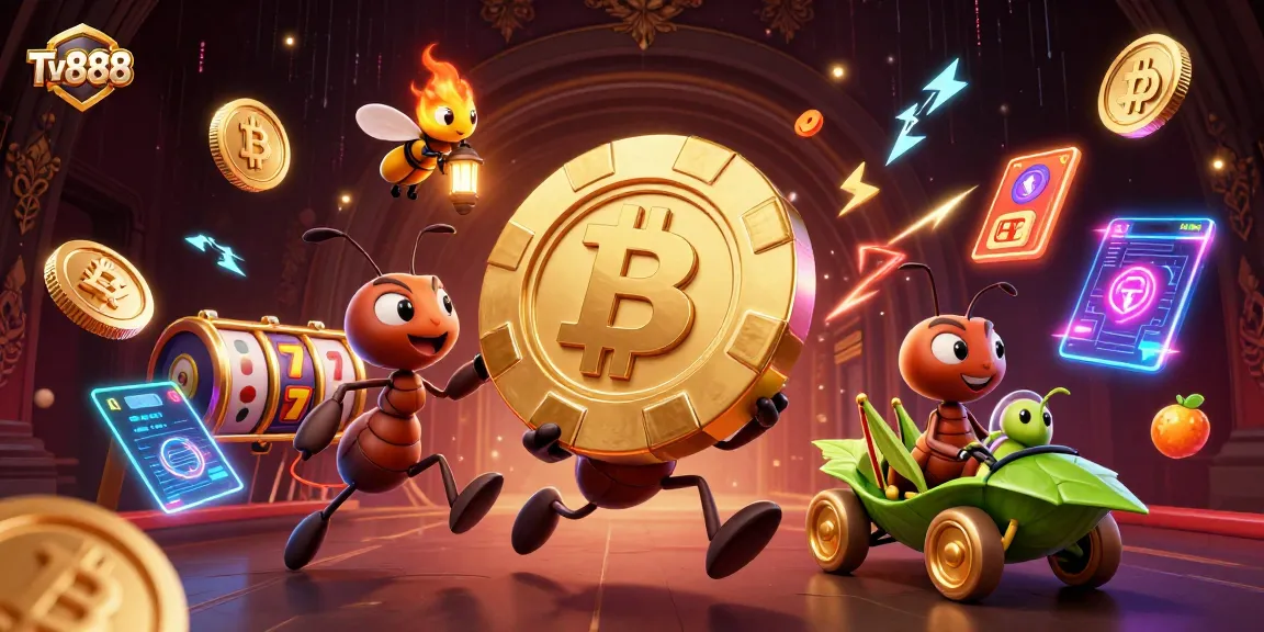 Witness a thrilling heist at TV888 as cartoon ants race with a massive poker chip amidst vibrant casino chaos.
