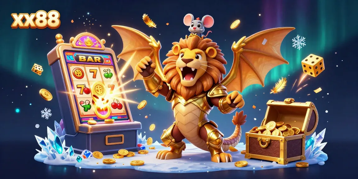 xx88 offers an exciting casino experience with a roaring chimera and falling coins, showcasing online gaming.