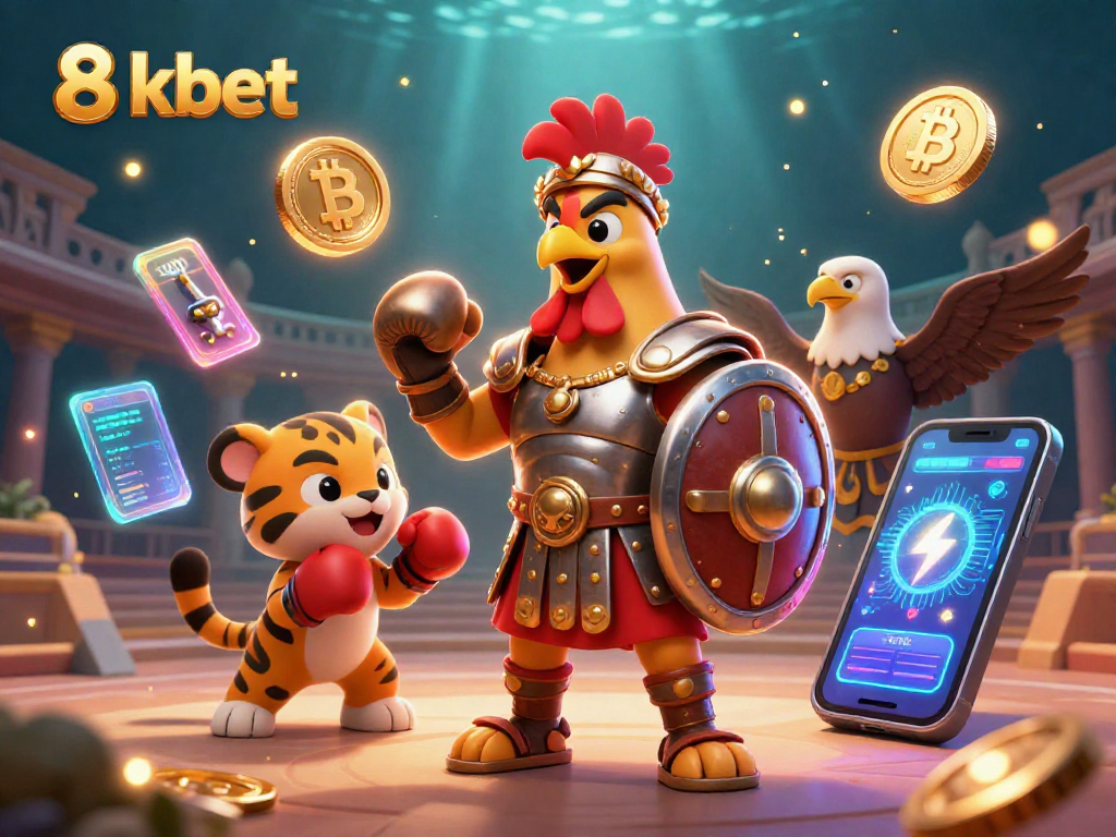 Engage in thrilling gameplay at 8kbet with a 3D cartoon gladiator rooster amidst crypto elements.