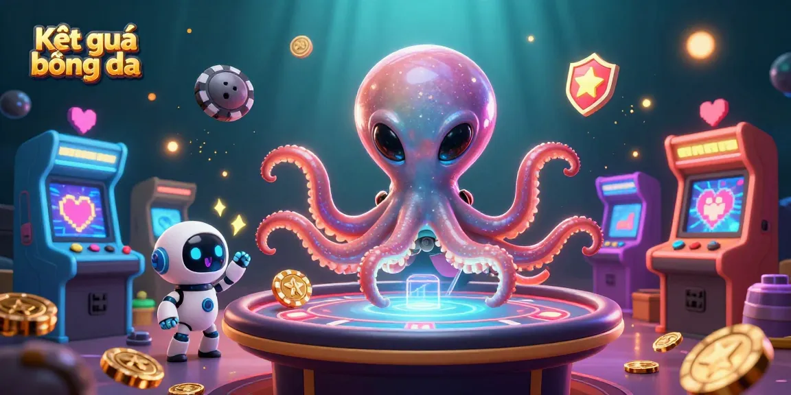 Engage with Kết quả bóng đá through a lively 3D casino scene featuring an octopus and robot at a poker table