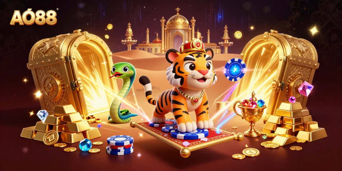 Experience excitement at AO88 casino with vibrant illustration of a tiger sultan, magic lamp, and treasures.