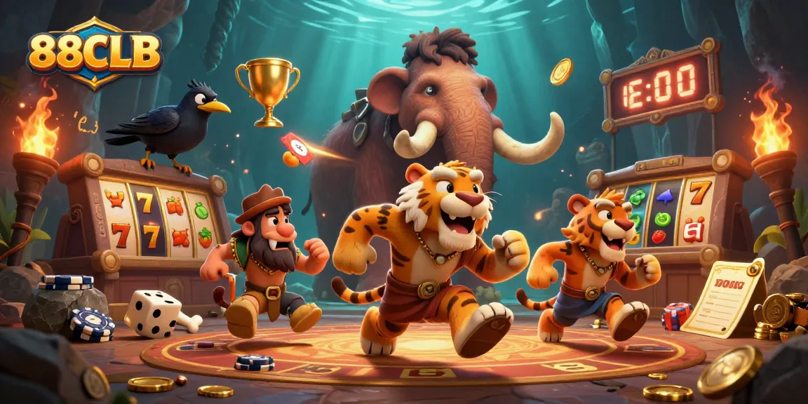 88CLB brings excitement with a lively casino scene featuring vibrant slot reels and engaging characters.
