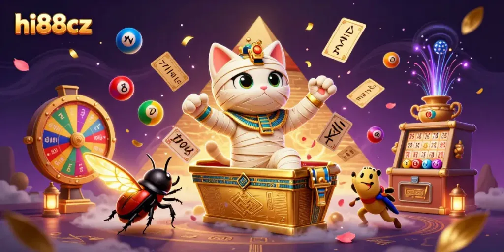 hi88cz showcases an Egyptian mummy cat and a scarab beetle in a vibrant casino scene, surrounded by exciting lottery elements.