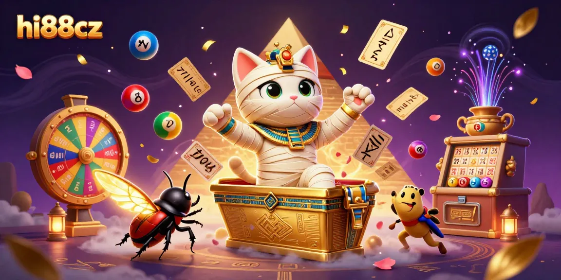 hi88cz showcases an Egyptian mummy cat and a scarab beetle in a vibrant casino scene, surrounded by exciting lottery elements.