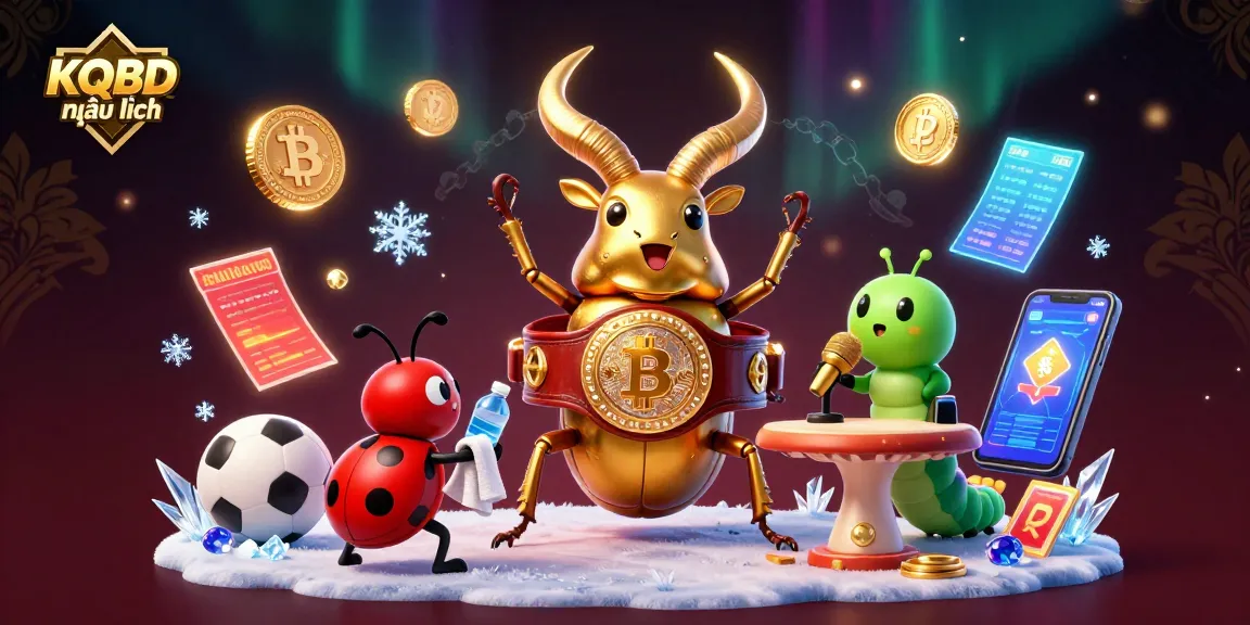 KQBD mới nhất sports betting illustration featuring a golden stag beetle, ladybug corner-man, and caterpillar announcer.