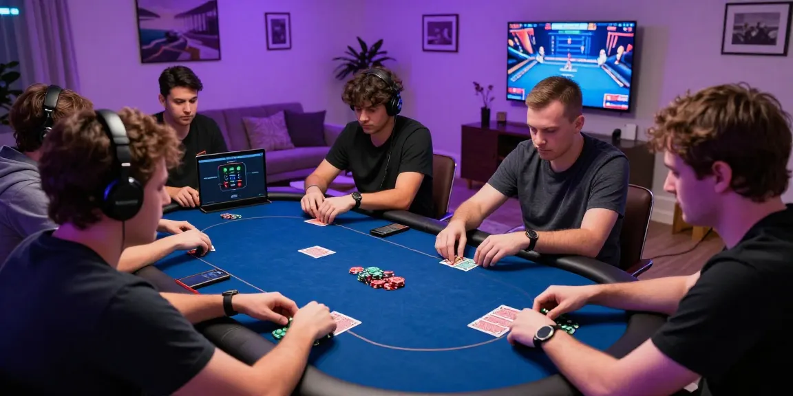 Exciting online poker gaming session at home showcasing Alternatif Link Nagapoker with friends around a table.