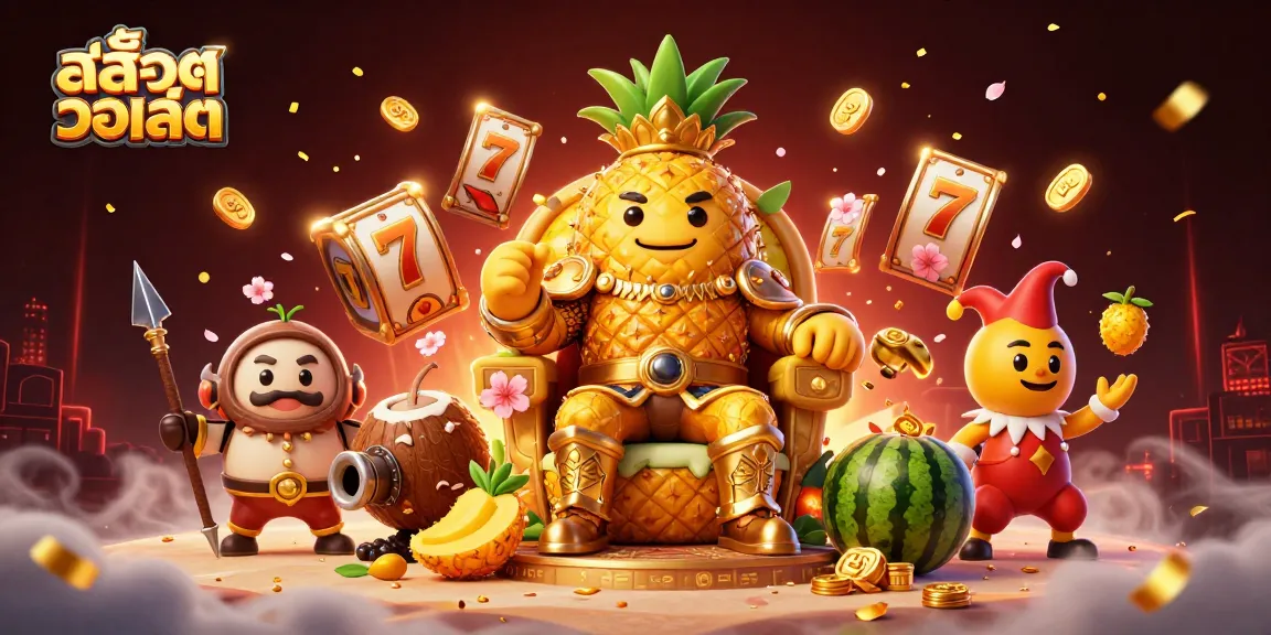 Experience the excitement of slots with สล็อตวอเลท in this vibrant 3D casino illustration featuring a whimsical pineapple king.