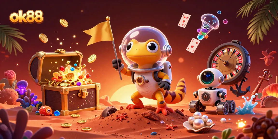 ok88 showcases a Martian gecko uncovering a golden casino, surrounded by vibrant gambling elements.