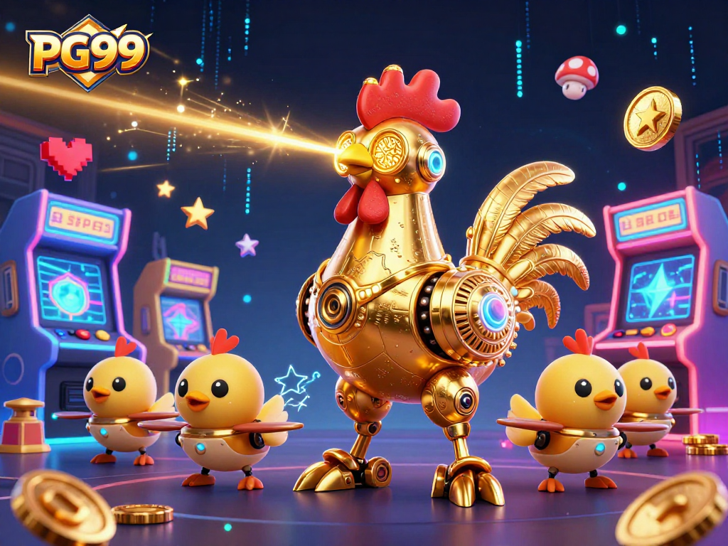PG99 showcases a vibrant 3D casino experience with a golden rooster robot and arcade games.