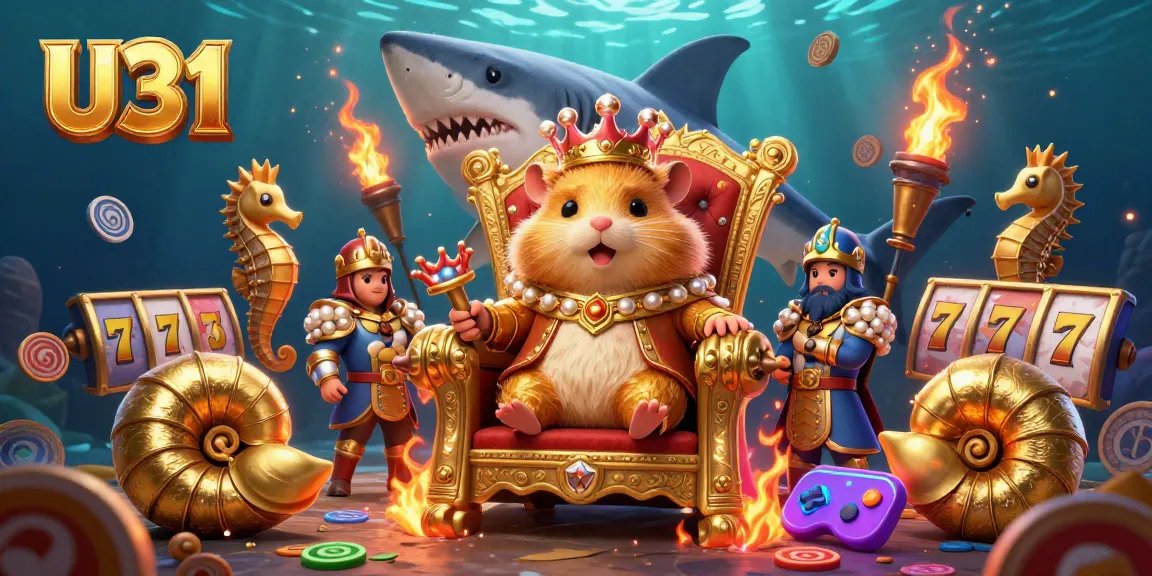 Experience U31's vibrant casino atmosphere with a golden hamster king on a megalodon throne amidst slot machines and magical gaming elements.